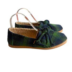 Tom's Size 9.5 Alpargata Leather Wrap Green Plaid Bow Slip On Shoes Fall Festive